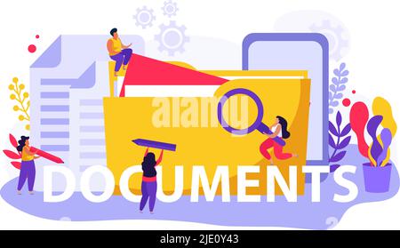 Employment service and employment documents flat composition of text and doodle people with files and folders vector illustration Stock Vector
