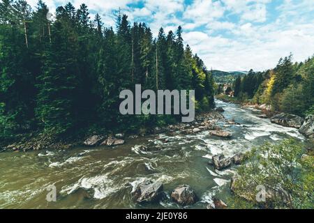 Forest stream running over rocks, a small waterfall. Sunny day, summer. River flowing through a forest. Landscape nature background. The stream flows Stock Photo