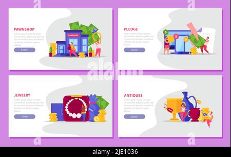 Pawnshop flat 4x1 set of four horizontal banners with items of value text and clickable buttons vector illustration Stock Vector