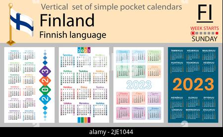 Finnish vertical pocket calendar for 2023 (two thousand twenty three). Week starts Sunday. New year. Color simple design. Vector Stock Vector