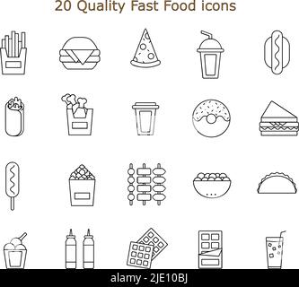 20 Quality Fast Food icon set. Outlined icon, pixel perfect Stock Vector
