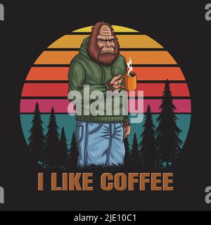 Bigfoot relaxing drink coffee retro vector illustration Stock Vector
