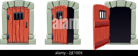 Open doors cartoon set with cell doors isolated vector illustration Stock Vector