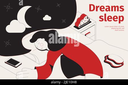 Dreams sleep isometric background with human character of woman sleeping on bed with images of moon vector illustration Stock Vector