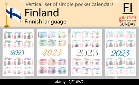 Finnish vertical pocket calendar for 2023 (two thousand twenty three). Week starts Sunday. New year. Color simple design. Vector Stock Vector