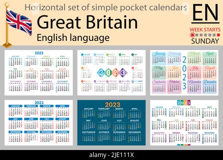 English horizontal pocket calendar for 2023 (two thousand twenty three). Week starts Sunday. New year. Color simple design. Vector Stock Vector