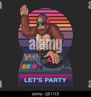 Bigfoot cool play dj vector illustration Stock Vector