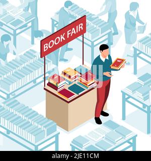 Man next to stand with books at literature exhibition 3d isometric vector illustration Stock Vector