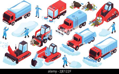 Isometric cleaning road set with isolated icons of trucks bulldozers human characters of workers and rubbish vector illustration Stock Vector