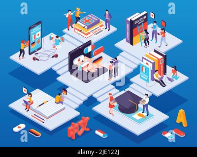 Language learning center isometric concept with corporate training online courses various intensity levels personal tutors vector illustration Stock Vector