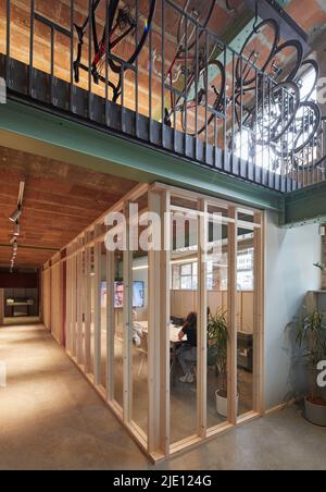 Lower ground floor. 16 Chart Street Engineers Office, London, United Kingdom. Architect: Ian Chalk Architects , 2022. Stock Photo