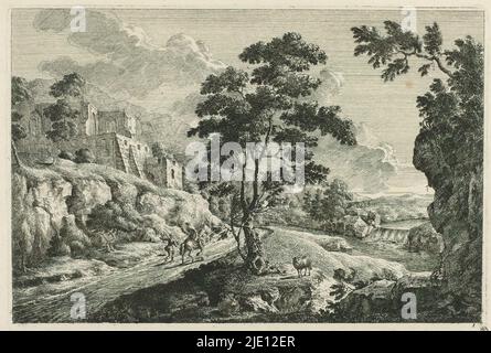 Landscape with ruin, Numbered 1 at lower right., print maker: Monogrammist MEG, 1700 - 1730, paper, etching, height 207 mm × width 292 mm, height 171 mm × width 253 mm Stock Photo