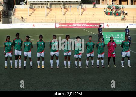 Bangaldesh National Women Football Team during group photo session before match. Bangladesh women's football team pulled the biggest surprise in their Stock Photo