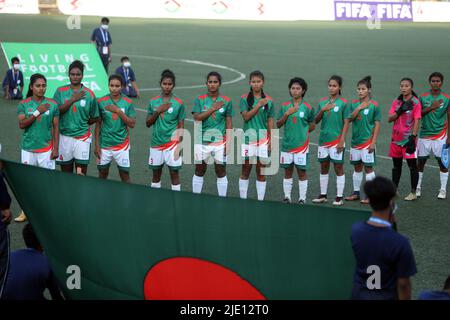 Bangaldesh National Women Football Team during group photo session before match. Bangladesh women's football team pulled the biggest surprise in their Stock Photo