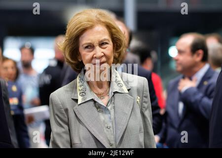 Madrid, Spain. 24th June, 2022. Queen Sofia of Spain seen during the inauguration of the World Dog Show. The World Dog Show is the world's largest dog show and is being held at Ifema until Sunday, during the event, held jointly by Ifema Madrid and the Royal Canine Society of Spain; some 250 of the 400 known breeds are on parade, including some thirty 'rare' breeds whose specimens are scarce even in their countries of origin. In addition to the parades, commercial exhibitors present to the public all kinds of products and services for dogs. Credit: SOPA Images Limited/Alamy Live News Stock Photo