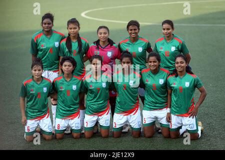 Bangaldesh National Women Football Team during group photo session before match. Bangladesh women's football team pulled the biggest surprise in their Stock Photo