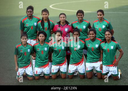 Bangaldesh National Women Football Team during group photo session before match. Bangladesh women's football team pulled the biggest surprise in their Stock Photo