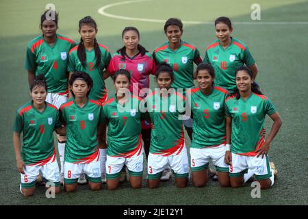 Bangaldesh National Women Football Team during group photo session before match. Bangladesh women's football team pulled the biggest surprise in their Stock Photo