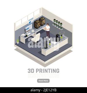 Isometric composition with engineer working with 3d printers vector illustration Stock Vector