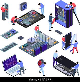 People from computer repair service and broken devices 3d isometric icons set on white background isolated vector illustration Stock Vector