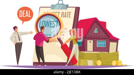 Mortgage credit family composition with doodle human characters holding hand lens with contract and house images vector illustration Stock Vector