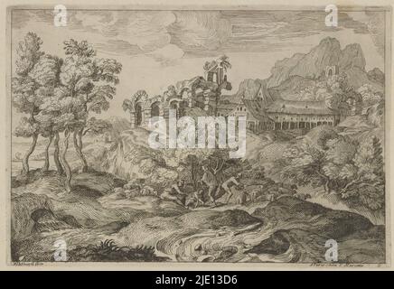 Landscape with shepherds with a flock near a ruin, Landscapes after Titian (series title), Numbered lower right: 6., print maker: Moise Jean Baptiste Fouard, (mentioned on object), after design by: Titiaan, (possibly), publisher: Pierre Mariette (II), (mentioned on object), Paris, c. 1663 - 1726, paper, etching, height 165 mm × width 240 mm Stock Photo