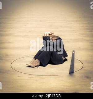 desperate woman sitting on the ground and saw trying to cut a hole to make it fall. Stock Photo