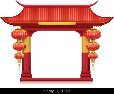 Chinese lanterns gates realistic composition red small air balloon made of paper vector illustration Stock Vector