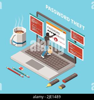 Hacker fishing digital crime isometric and isolated composition with password theft headline vector illustration Stock Vector