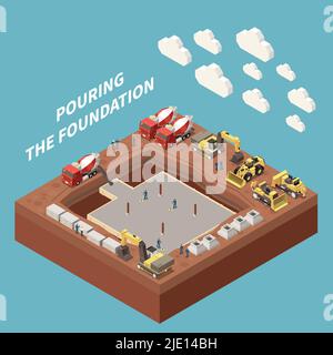 Concrete cement production isometric and colored concept with pouring the foundation headline vector illustration Stock Vector