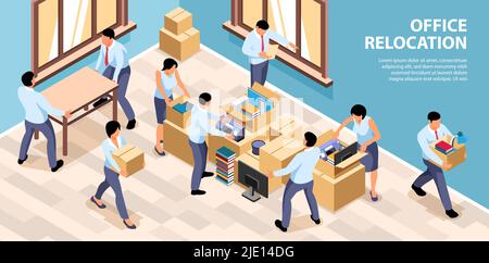 Isometric office move horizontal background indoor composition with text and images of workers packing their things vector illustration Stock Vector