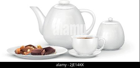 Tea coffee realistic composition with front view of set with teapot cups and chocolate on plate vector illustration Stock Vector