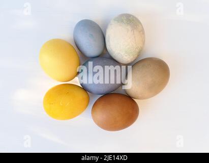 Easter eggs natural coloring on bright background. Colorful Easter eggs collection. Stock Photo