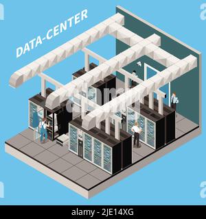 Datacenter isometric and colored icon set room with servers and working engineers vector illustration Stock Vector