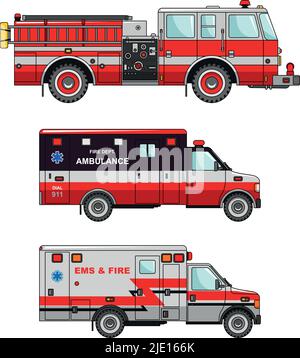 Detailed illustration of fire truck and ambulance cars in a flat style Stock Vector