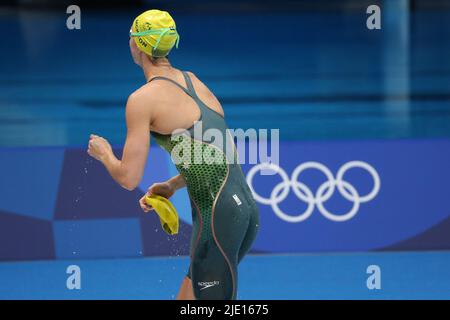 JULY 31st, 2021 - TOKYO, JAPAN: Emma McKeon of Australia breaks the Olympic Record in 24.00 seconds during the Swimming Women's 50m Freestyle Semifina Stock Photo