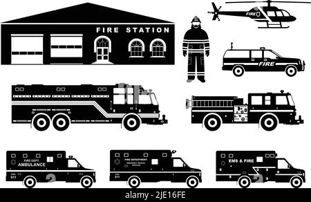 Detailed illustration of fireman, fire station building, firetruck and helicopter in flat style on white background in flat style on white background. Stock Vector