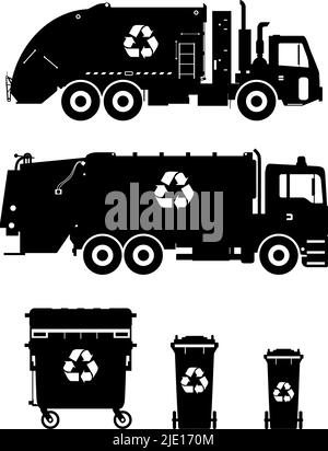 Silhouette illustration of garbage trucks and dumpsters isolated on white background Stock Vector