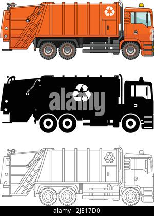 Detailed illustration of garbage trucks isolated on white background in a flat style. Stock Vector