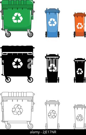 Detailed illustration of dumpsters isolated on white background in a flat style. Stock Vector