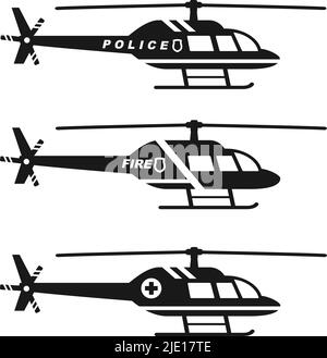 Silhouette illustration of medical, police and fire helicopters on white background. Stock Vector