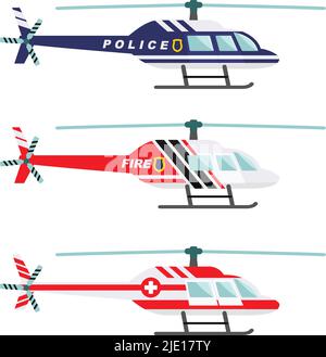 Detailed illustration of medical, police and fire helicopter in flat style on white background. Stock Vector
