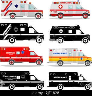 Detailed illustration of colored and black silhouettes car ambulances in a flat style on a white background. Emergency service cars. Vector illustrati Stock Vector