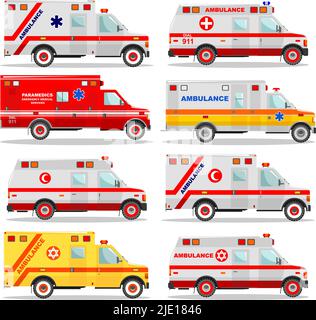 Detailed illustration of colored Israeli, muslim, american, european car ambulances in flat style on white background. Emergency service cars. Vector Stock Vector