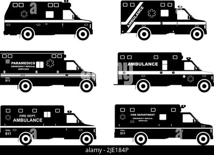 Silhouette illustration of ambulance cars isolated on white background. Stock Vector