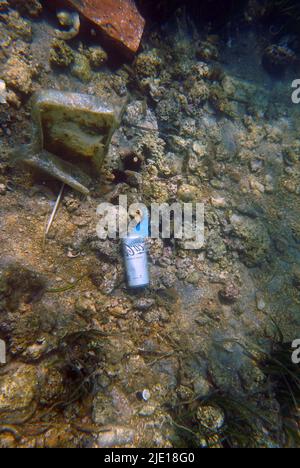 Bad underwater scenes with garbage in the Mediterranean sea Stock Photo