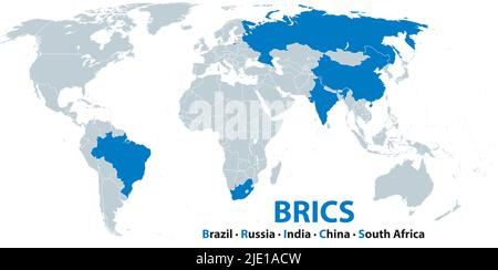 BRICS, member states, political map. Acronym coined to associate the five major emerging economies: Brazil, Russia, India, China, and South Afriica. Stock Photo