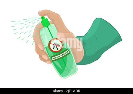 Hand with mosquito repellent.Insect repellent spray in arm. Mosquito repellent aerosol can. Hand presses the dispenser on bottle of mosquito repellent Stock Vector