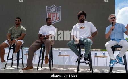 Cannes, France, 24 June 2022, Russell Wilson (NFL Athlete Denver Broncos), Kelvin Beachum (NFL Athlete), Cam Jordan (NFL Athlete New Orleans Saints), and Tim Ellis (CMO and EVP National Football League) attended Bold and Undeterred - The NFL is Transforming its Brand at Cannes Lions Festival - International Festival of Creativity © ifnm press / Alamy Live Stock Photo