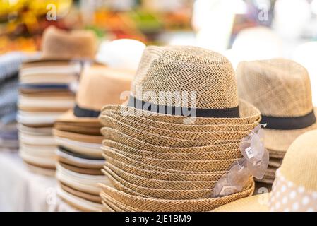 Hats for Sale in public markets in Rome, Italy Stock Photo